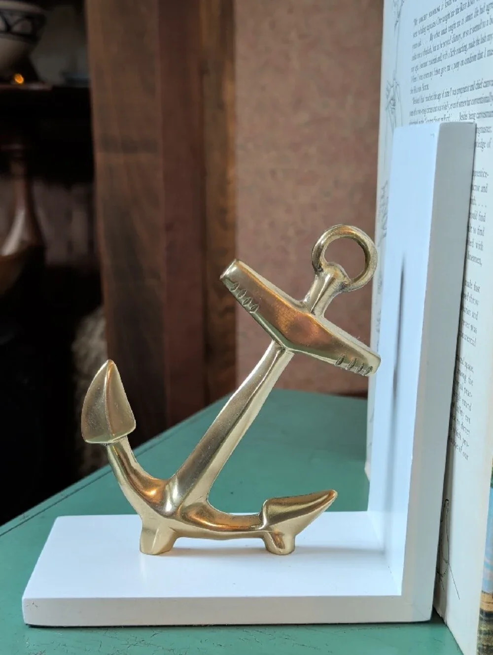 Nautical Brass Anchor Bookends On White Stands